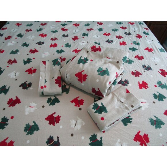 Martha Stewart Collection Queen Flannel Sheet Set Christmas Plaid Scotty Dog - Picture 4 of 16